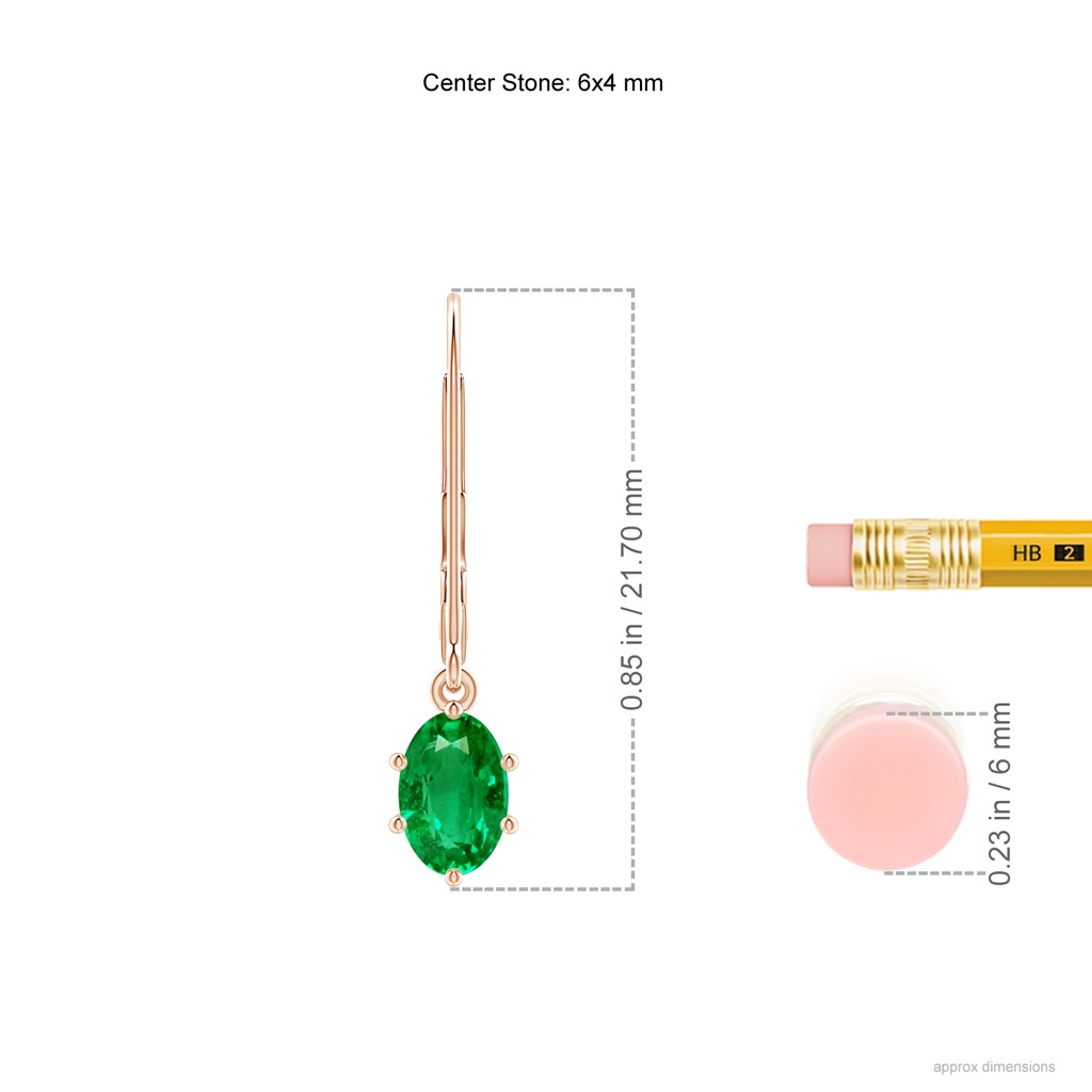 6x4mm AAA Oval Emerald Leverback Drop Earrings in 18K Rose Gold ruler