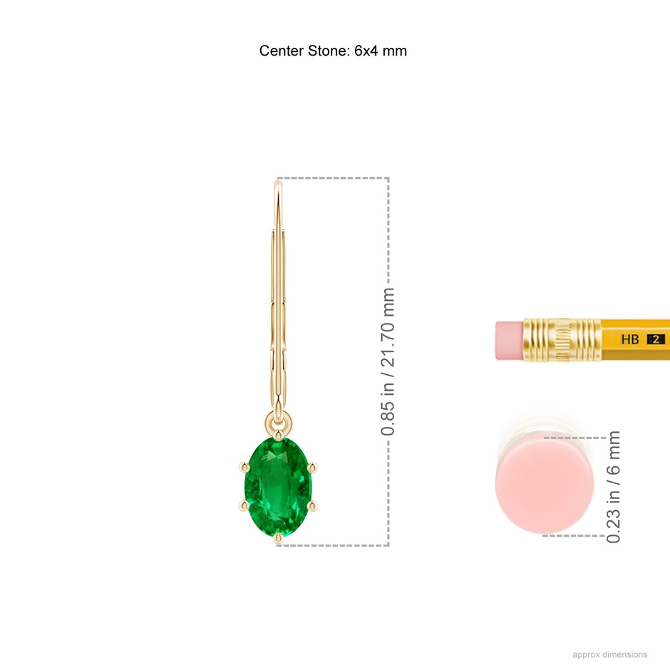 6x4mm AAAA Oval Emerald Leverback Drop Earrings in 18K Yellow Gold ruler