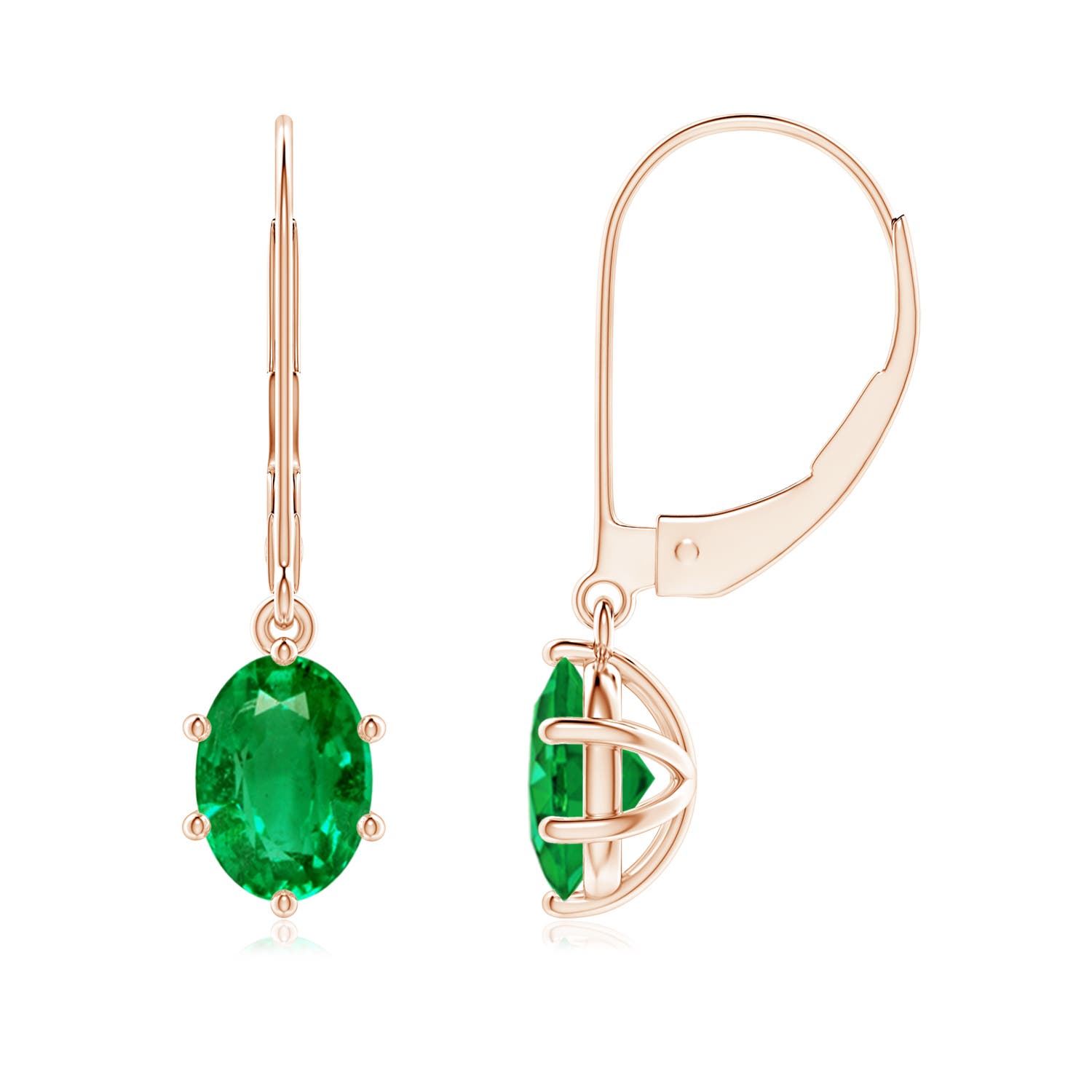 7x5mm AAA Oval Emerald Leverback Drop Earrings in 18K Rose Gold