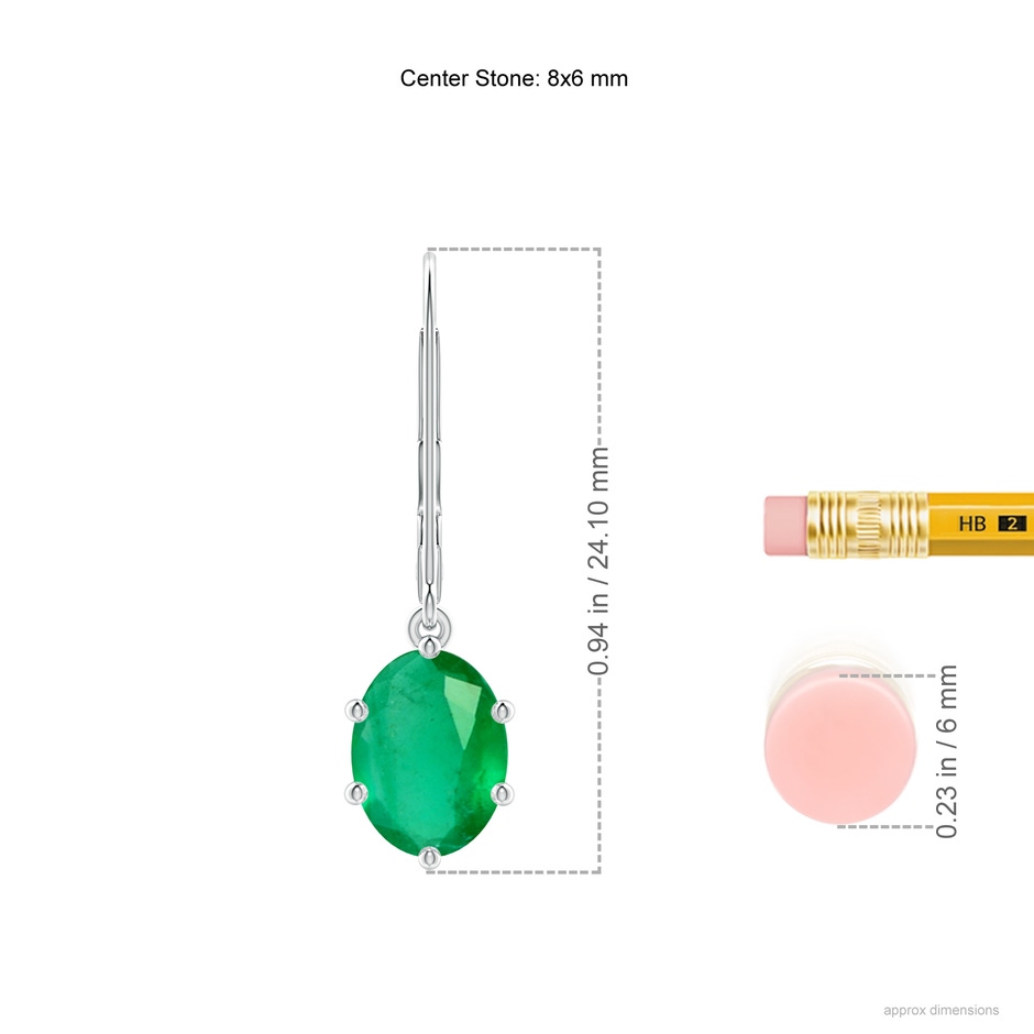 8x6mm A Oval Emerald Leverback Drop Earrings in White Gold ruler