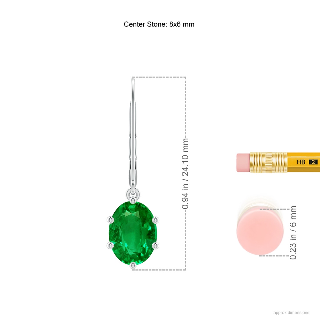 8x6mm AAAA Oval Emerald Leverback Drop Earrings in White Gold ruler