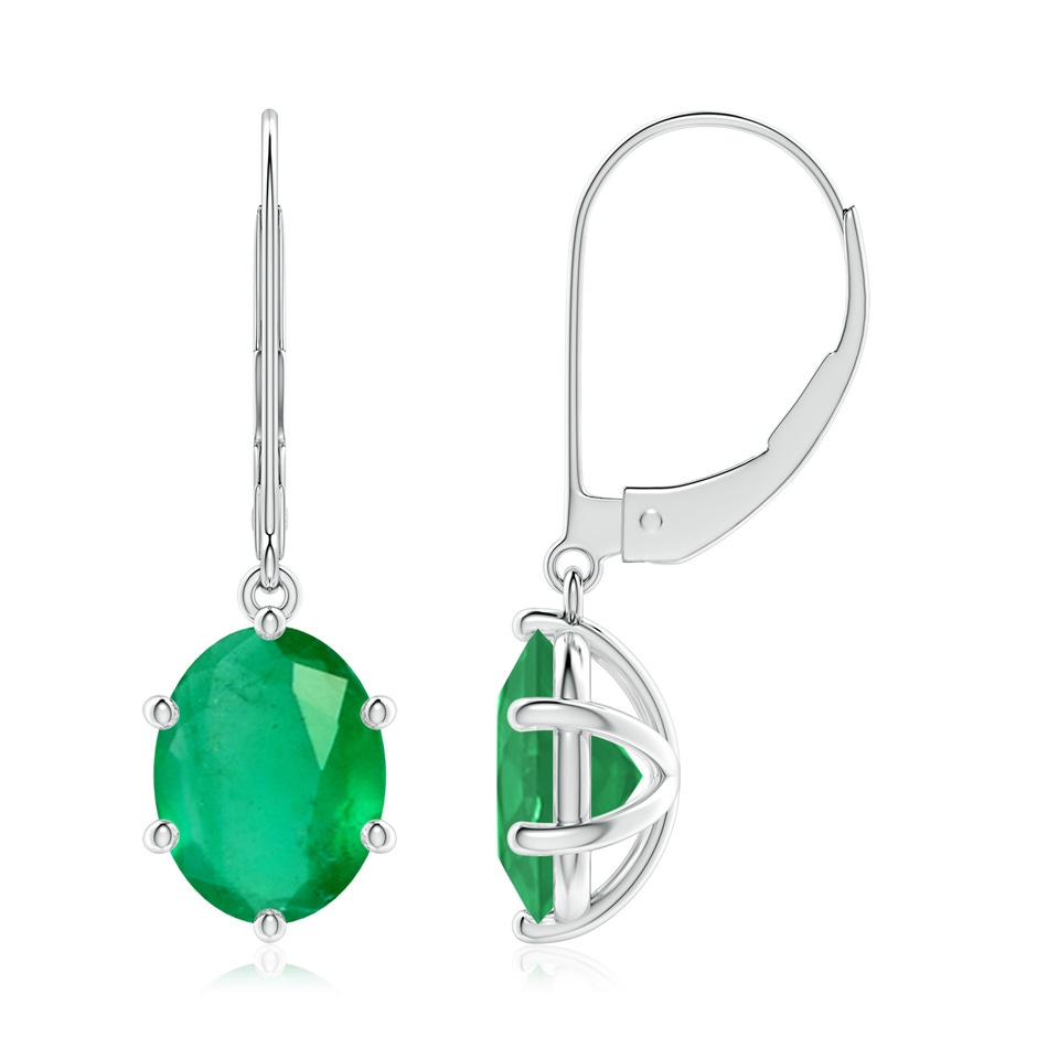 9x7mm A Oval Emerald Leverback Drop Earrings in White Gold 