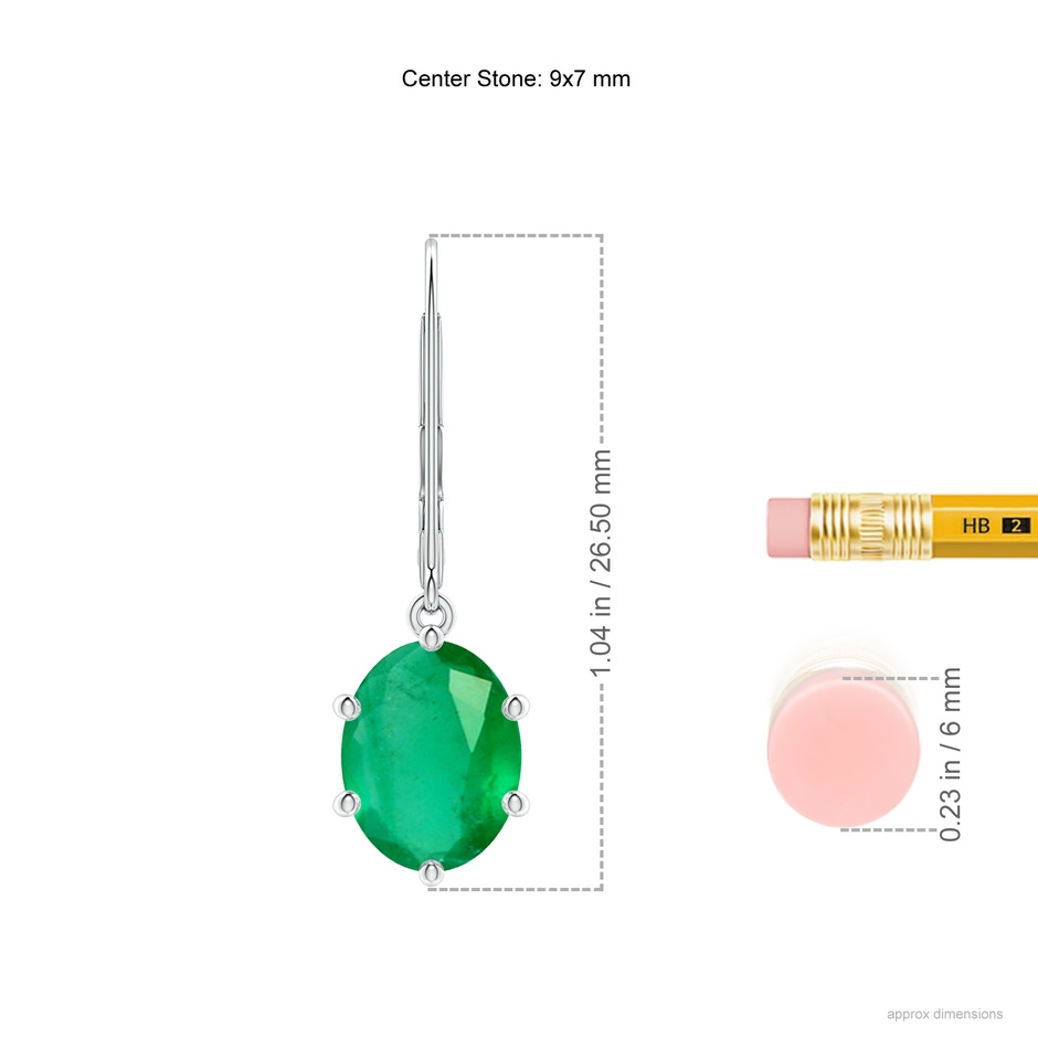 9x7mm A Oval Emerald Leverback Drop Earrings in White Gold ruler