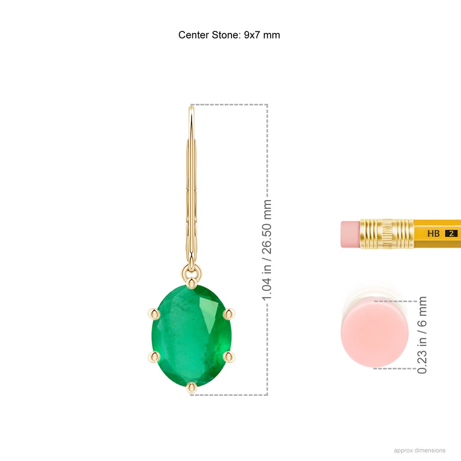 9x7mm A Oval Emerald Leverback Drop Earrings in Yellow Gold ruler
