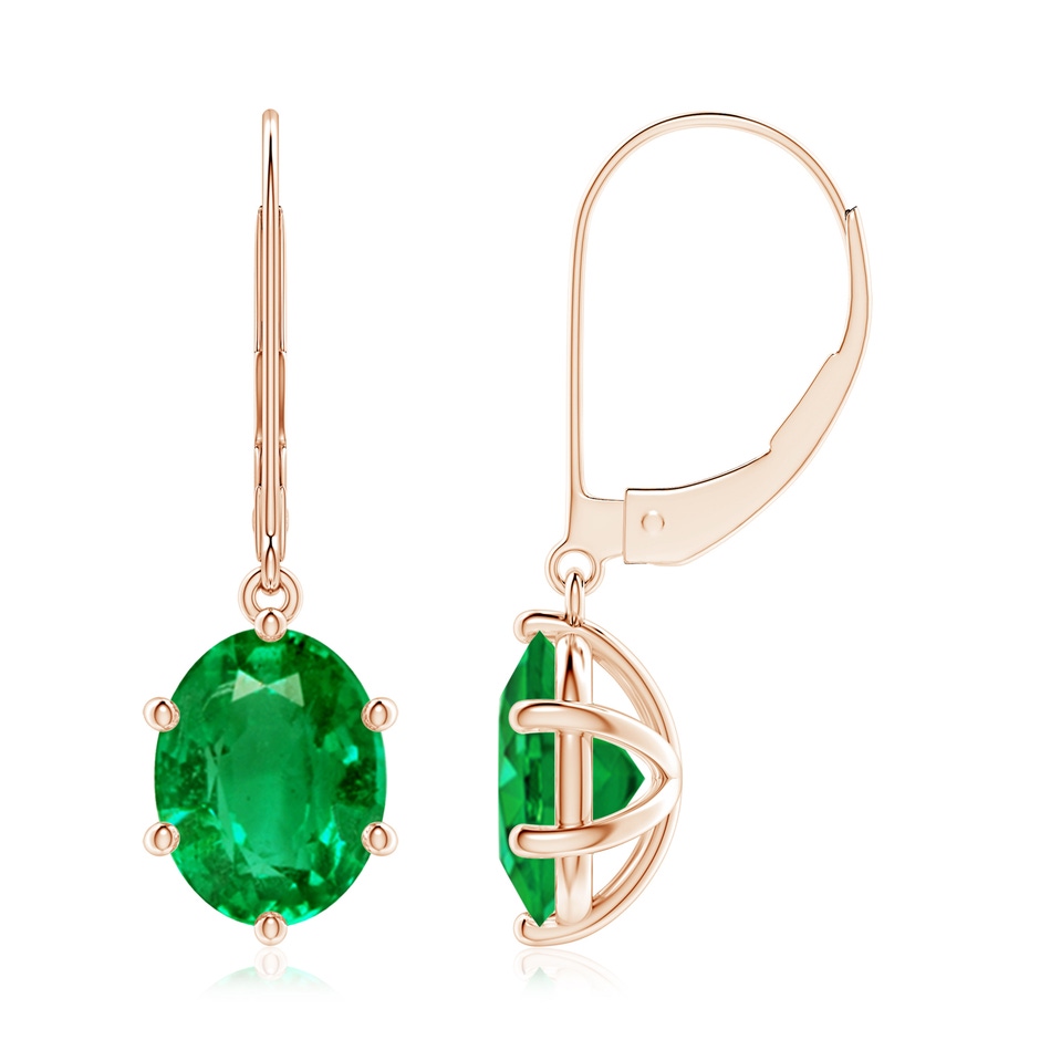 9x7mm AAA Oval Emerald Leverback Drop Earrings in Rose Gold 