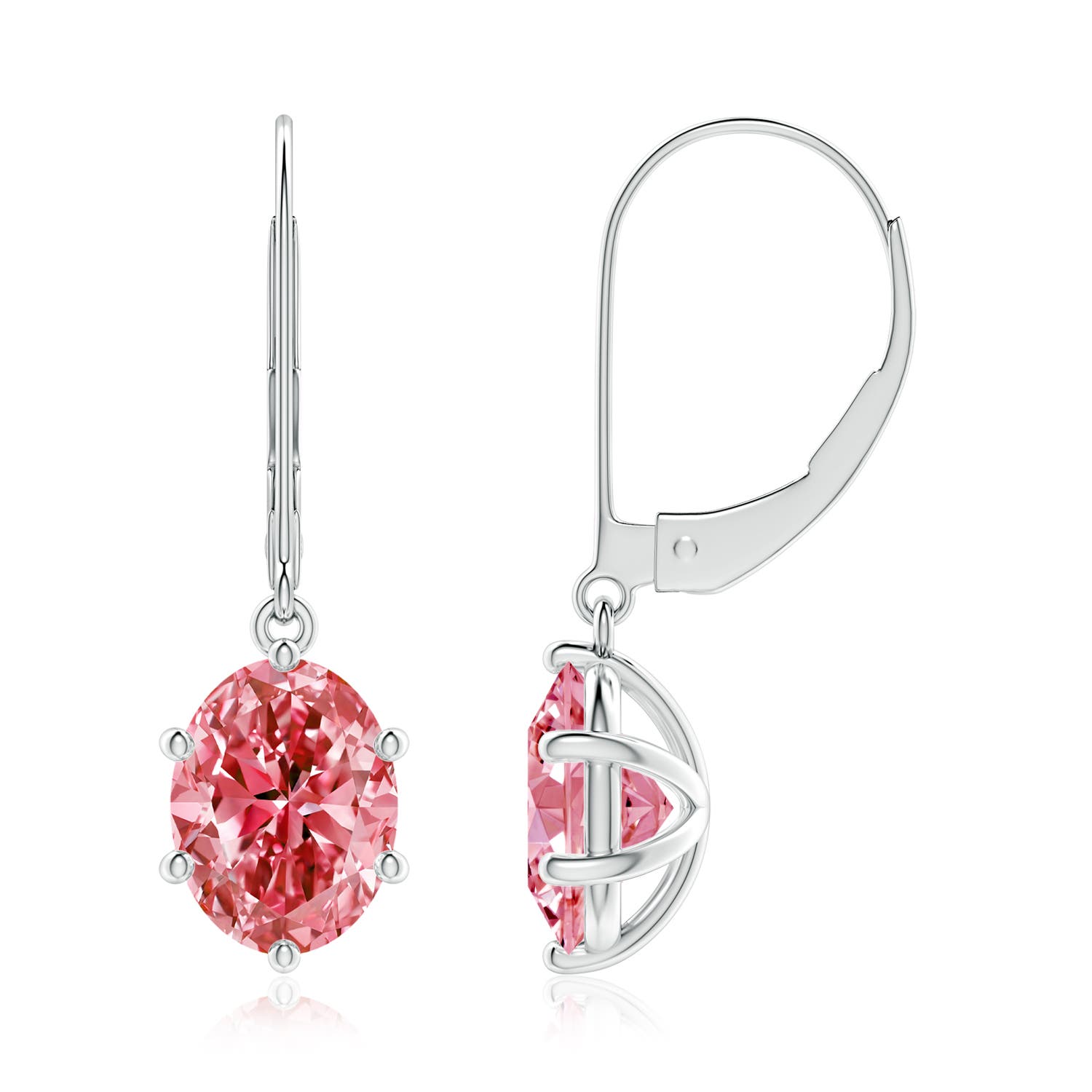 Angara 3.0 CTW Oval Fancy Intense Pink Diamond Leverback Drop Earrings in 18K White Gold