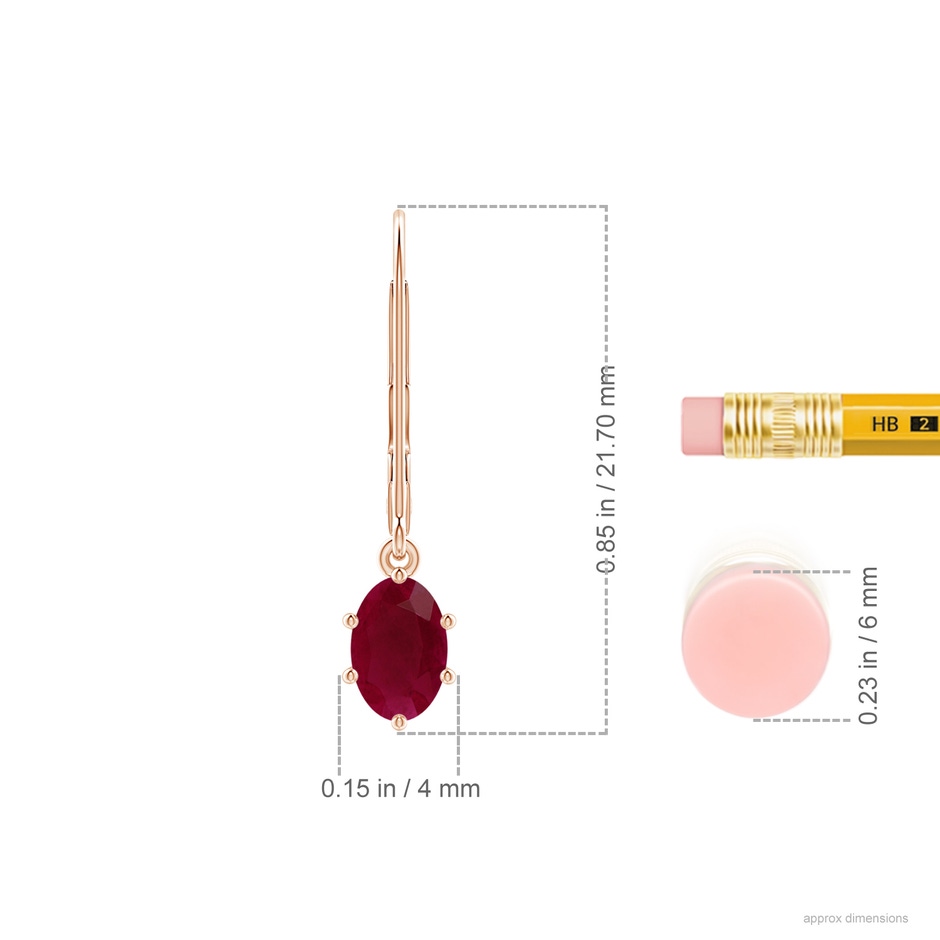 6x4mm A Oval Ruby Leverback Drop Earrings in Rose Gold ruler
