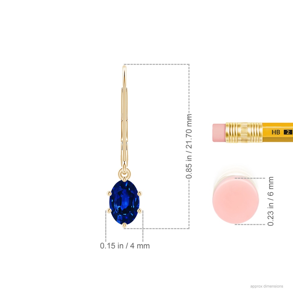 6x4mm AAAA Oval Sapphire Leverback Drop Earrings in Yellow Gold ruler