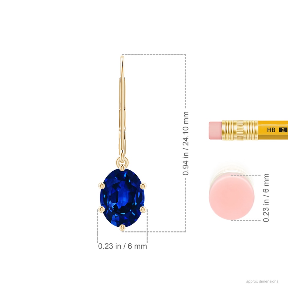 8x6mm AAAA Oval Sapphire Leverback Drop Earrings in Yellow Gold ruler