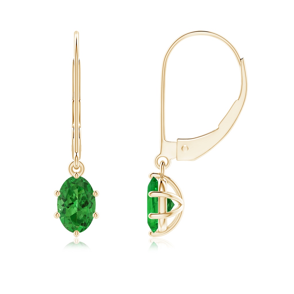 6x4mm AAAA Oval Tsavorite Leverback Drop Earrings in Yellow Gold