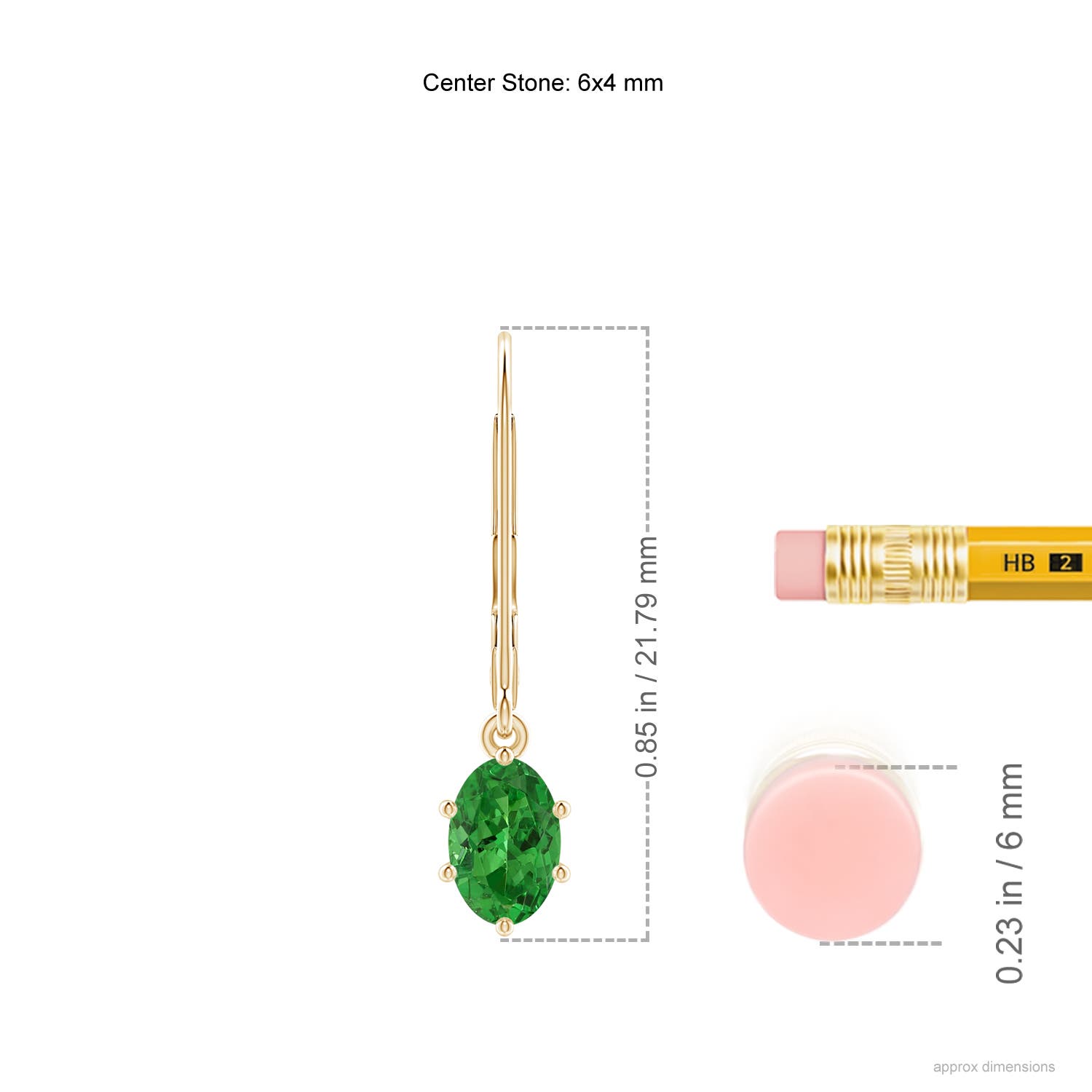 6x4mm AAAA Oval Tsavorite Leverback Drop Earrings in Yellow Gold - ruler