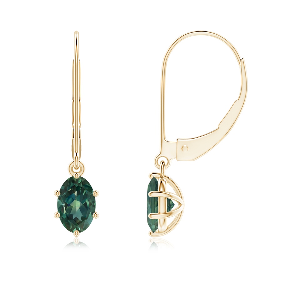 6x4mm AA Oval Teal Montana Sapphire Leverback Drop Earrings in 9K Yellow Gold 