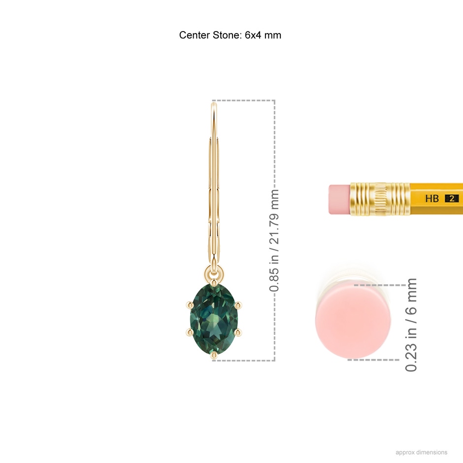 6x4mm AA Oval Teal Montana Sapphire Leverback Drop Earrings in 9K Yellow Gold ruler