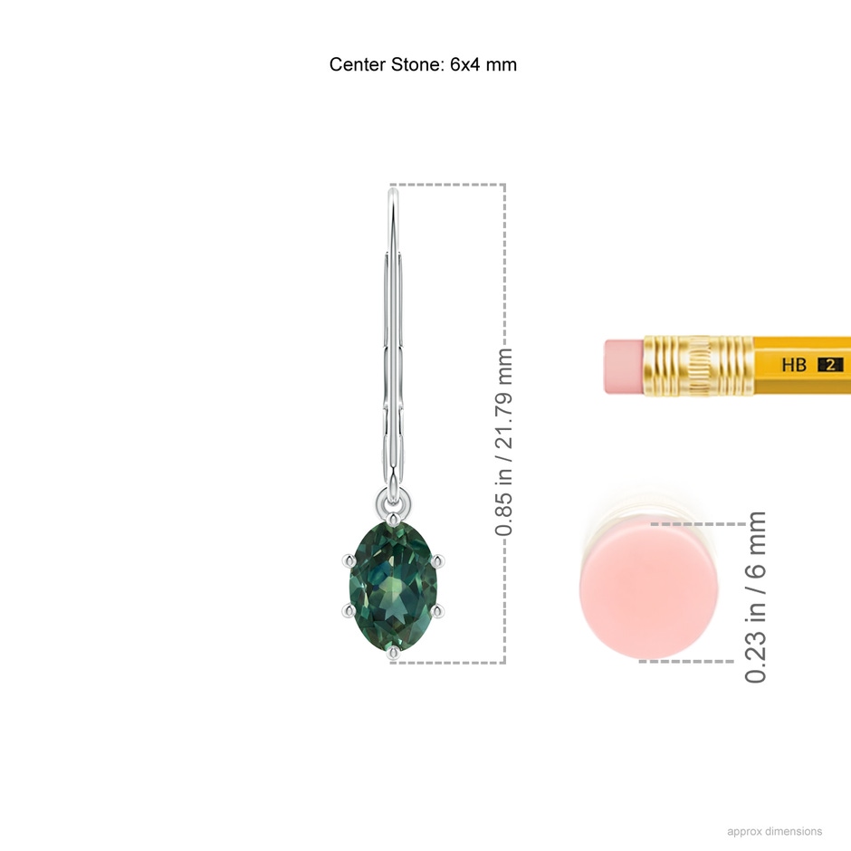 6x4mm AA Oval Teal Montana Sapphire Leverback Drop Earrings in White Gold ruler