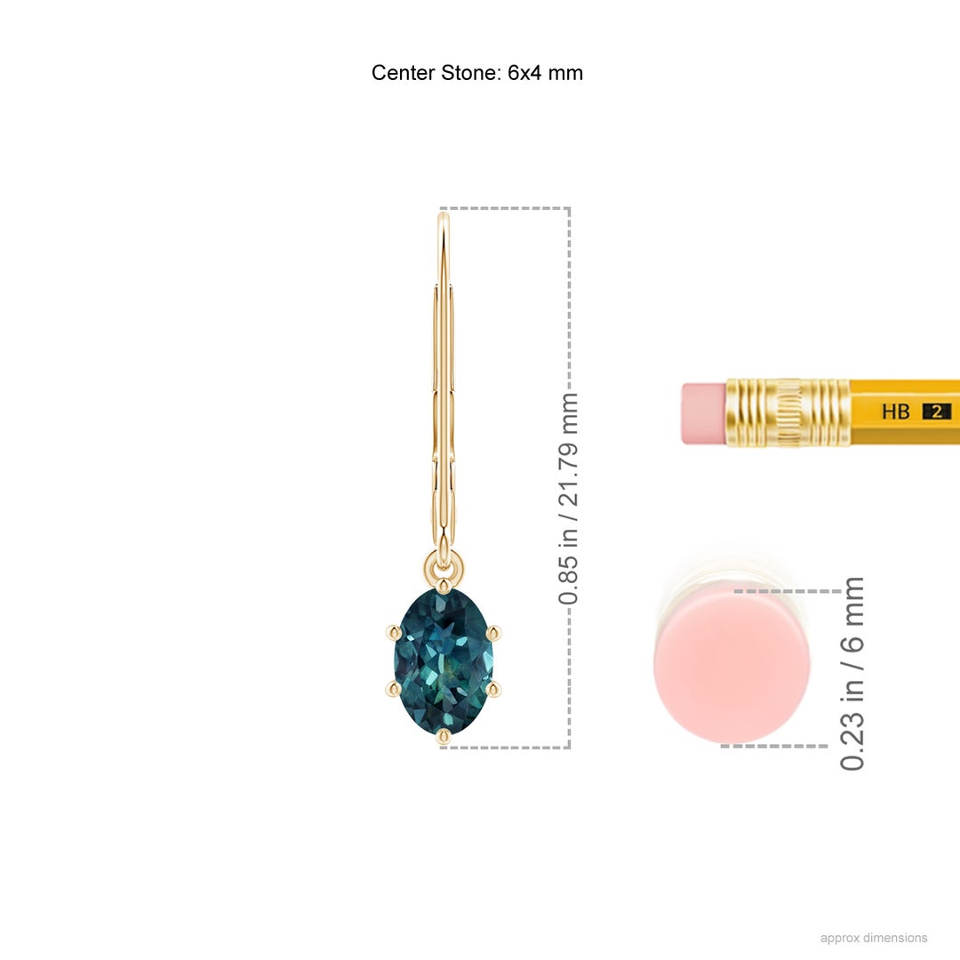 6x4mm AAA Oval Teal Montana Sapphire Leverback Drop Earrings in Yellow Gold - ruler
