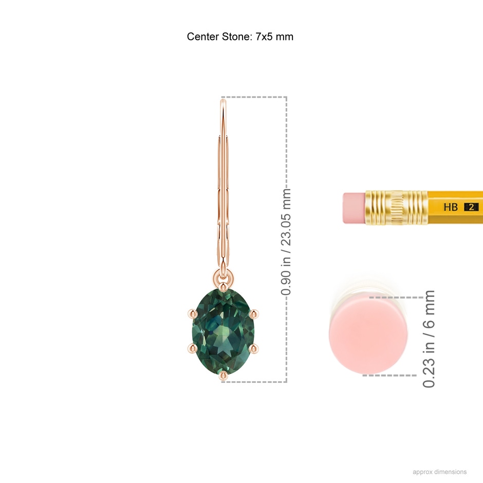 7x5mm AA Oval Teal Montana Sapphire Leverback Drop Earrings in Rose Gold ruler