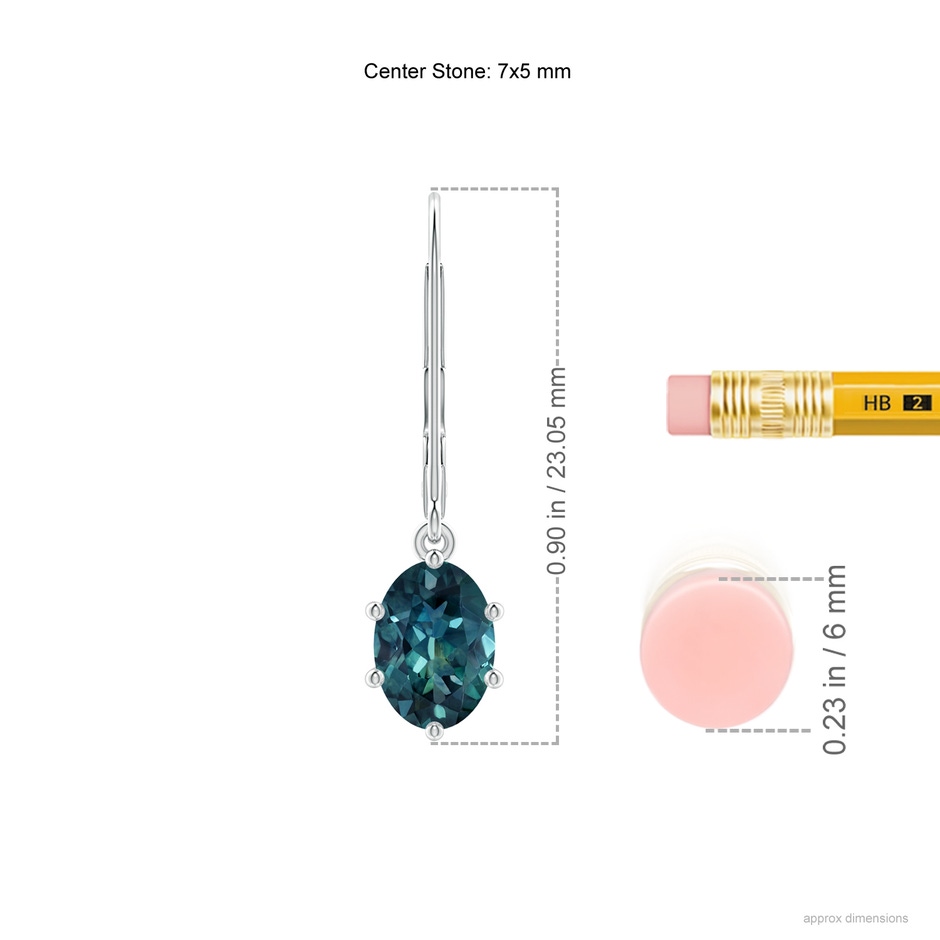 7x5mm AAA Oval Teal Montana Sapphire Leverback Drop Earrings in P950 Platinum ruler