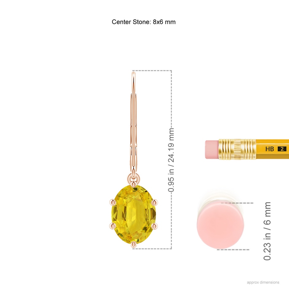 8x6mm AAA Oval Yellow Sapphire Leverback Drop Earrings in Rose Gold ruler