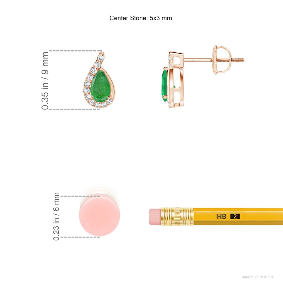 5x3mm A Pear Emerald Earrings with Diamond Swirl Frame in Rose Gold ruler