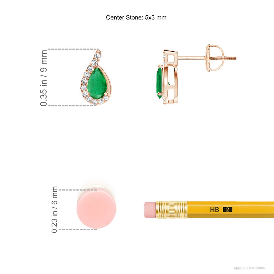 5x3mm AA Pear Emerald Earrings with Diamond Swirl Frame in Rose Gold ruler