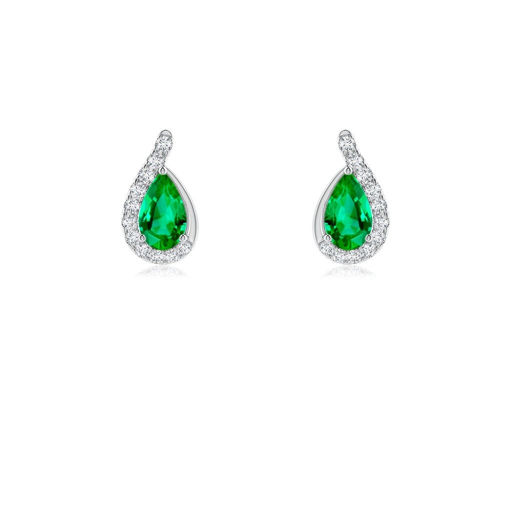 5x3mm AAA Pear Emerald Earrings with Diamond Swirl Frame in 18K White Gold