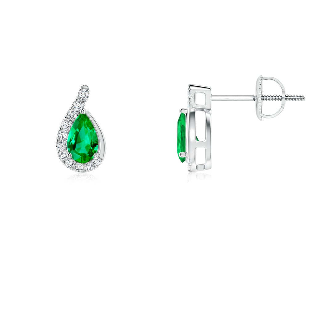5x3mm AAA Pear Emerald Earrings with Diamond Swirl Frame in 18K White Gold - side 3
