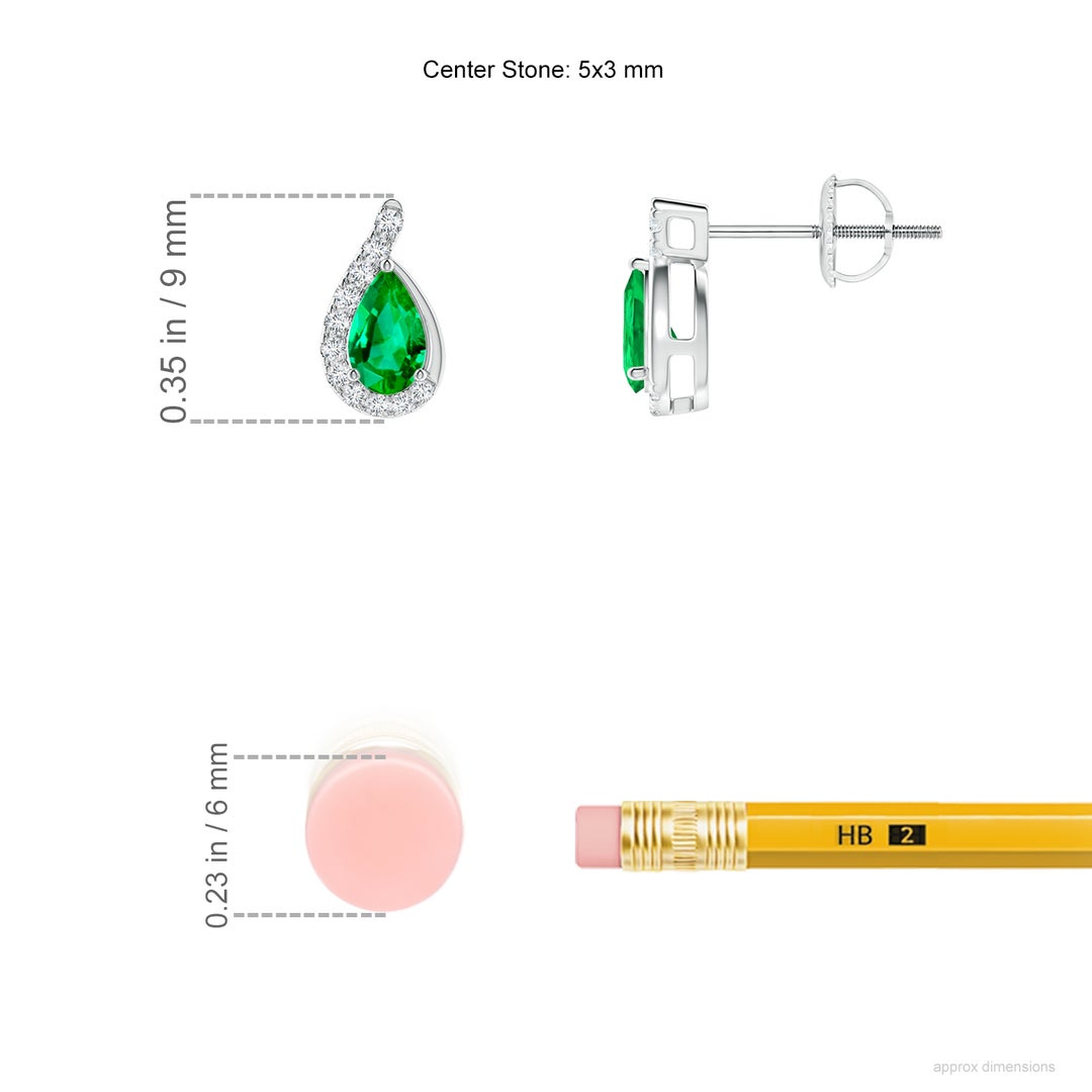 5x3mm AAA Pear Emerald Earrings with Diamond Swirl Frame in 18K White Gold - ruler