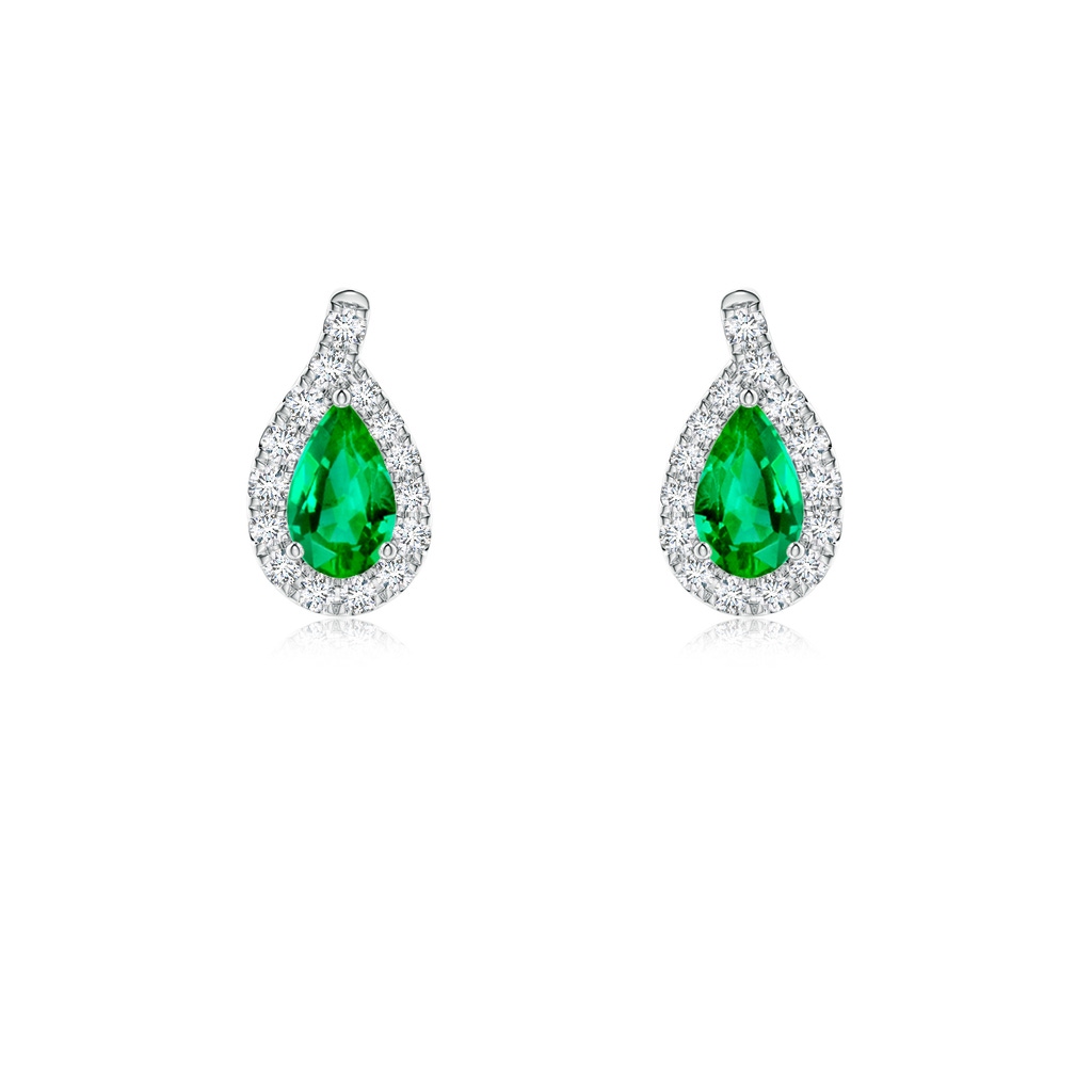 5x3mm AAA Pear Emerald Earrings with Diamond Swirl Frame in White Gold