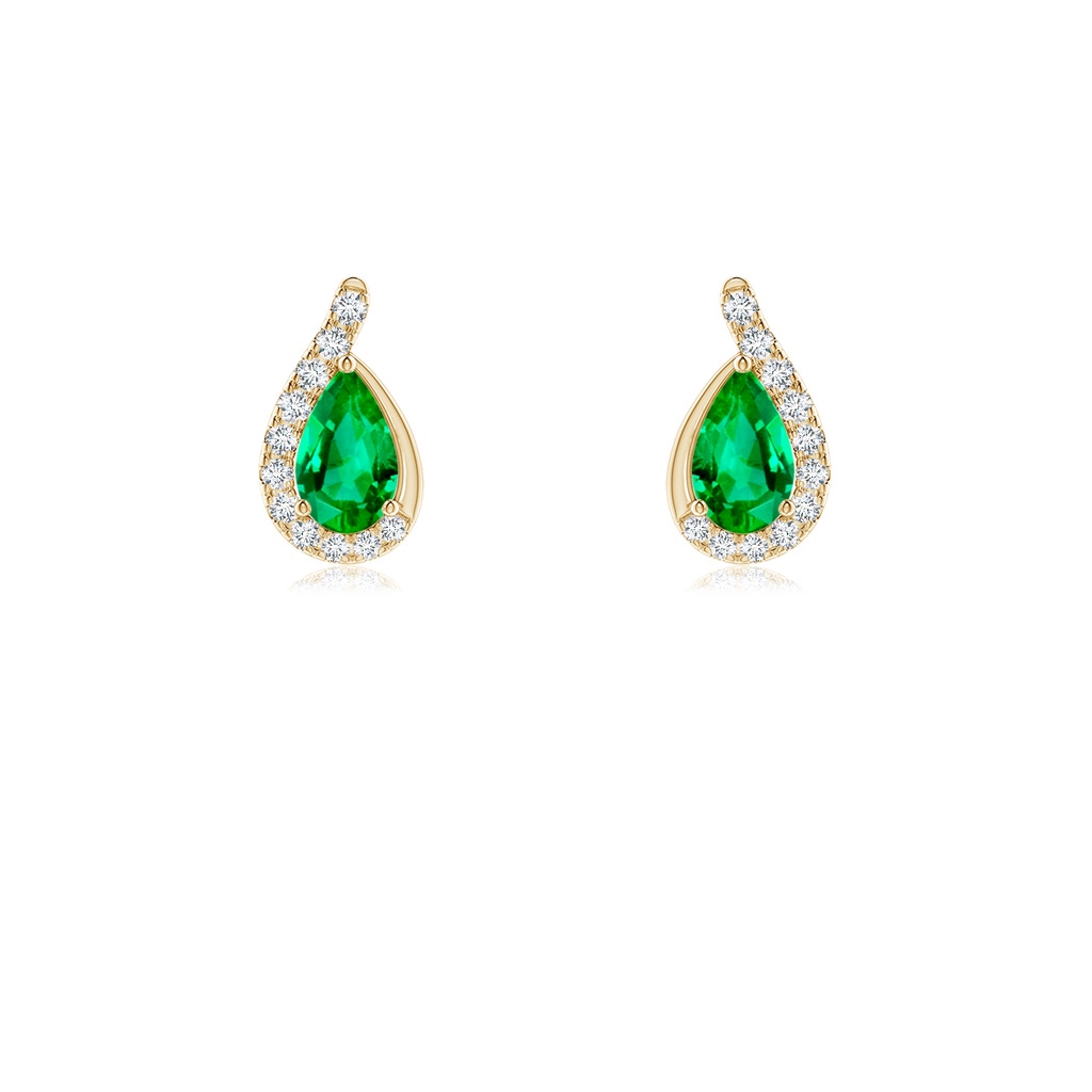5x3mm AAA Pear Emerald Earrings with Diamond Swirl Frame in Yellow Gold