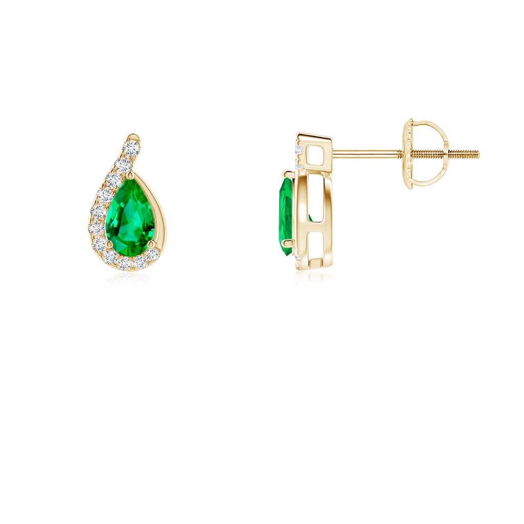 5x3mm AAA Pear Emerald Earrings with Diamond Swirl Frame in Yellow Gold Side 199
