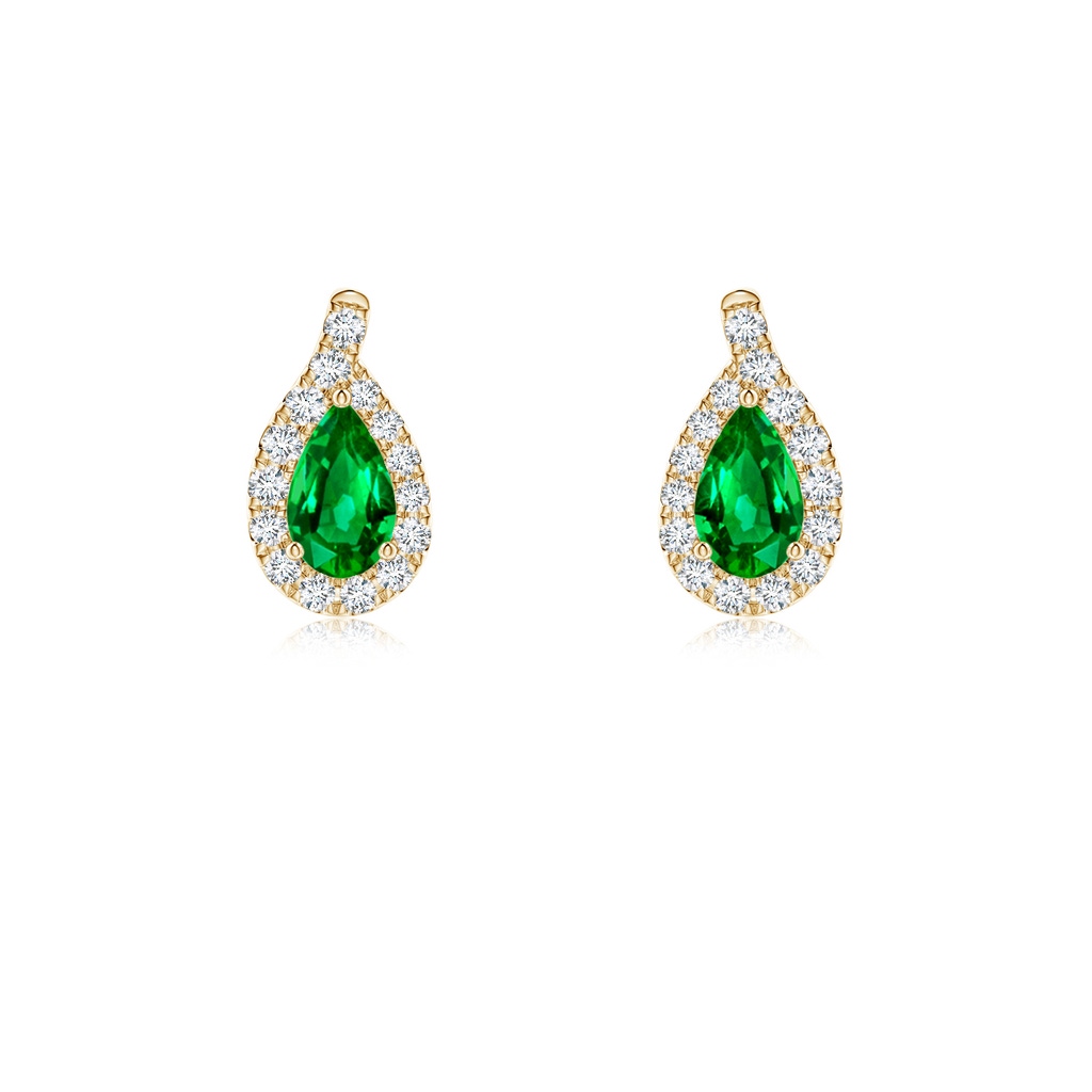 5x3mm AAAA Pear Emerald Earrings with Diamond Swirl Frame in Yellow Gold