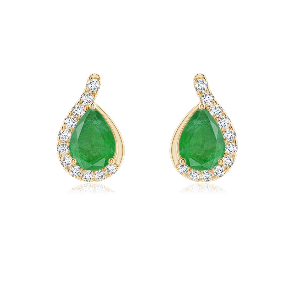 7x5mm A Pear Emerald Earrings with Diamond Swirl Frame in Yellow Gold 