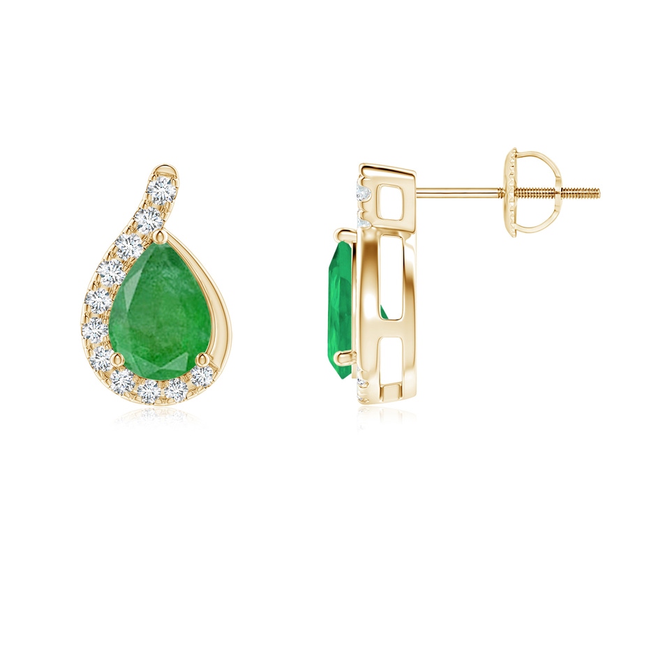 7x5mm A Pear Emerald Earrings with Diamond Swirl Frame in Yellow Gold side 199
