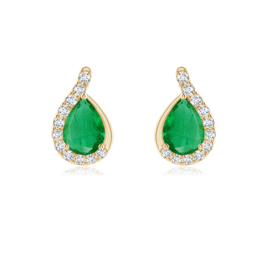 7x5mm AA Pear Emerald Earrings with Diamond Swirl Frame in Yellow Gold 