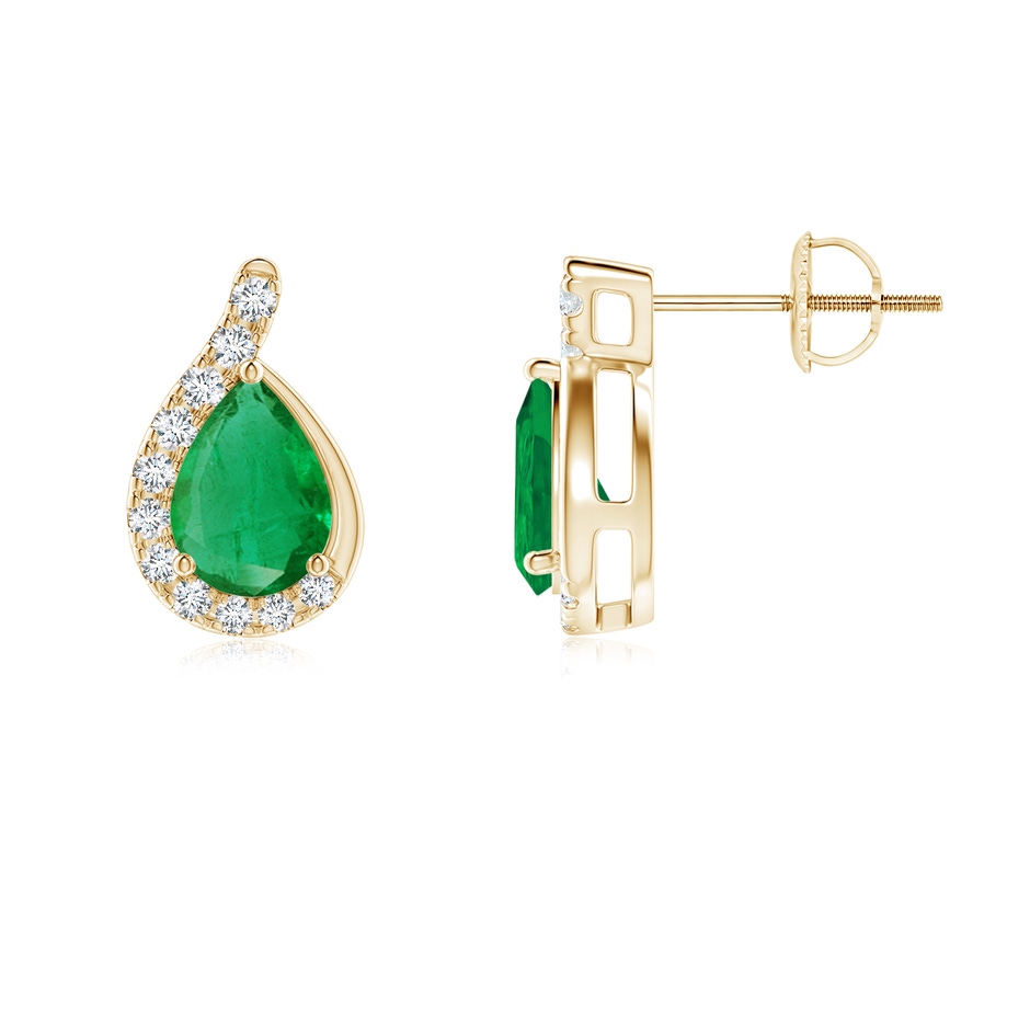 7x5mm AA Pear Emerald Earrings with Diamond Swirl Frame in Yellow Gold side 199