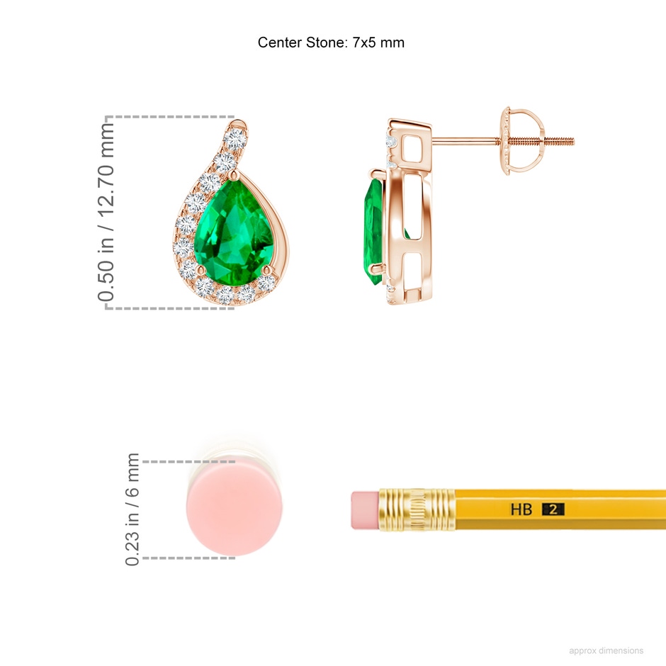 7x5mm AAA Pear Emerald Earrings with Diamond Swirl Frame in 18K Rose Gold ruler
