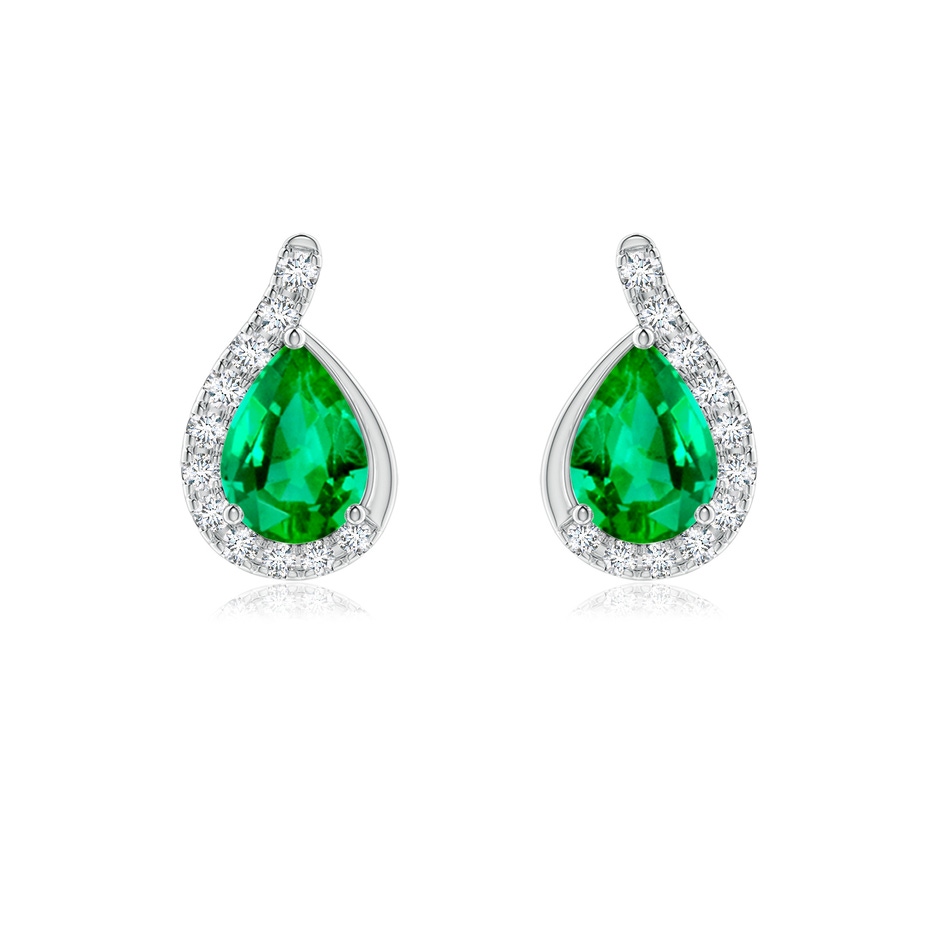 7x5mm AAA Pear Emerald Earrings with Diamond Swirl Frame in White Gold 