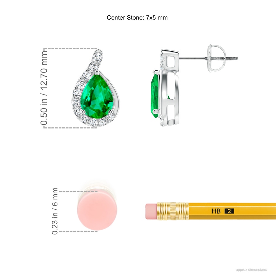 7x5mm AAA Pear Emerald Earrings with Diamond Swirl Frame in White Gold ruler