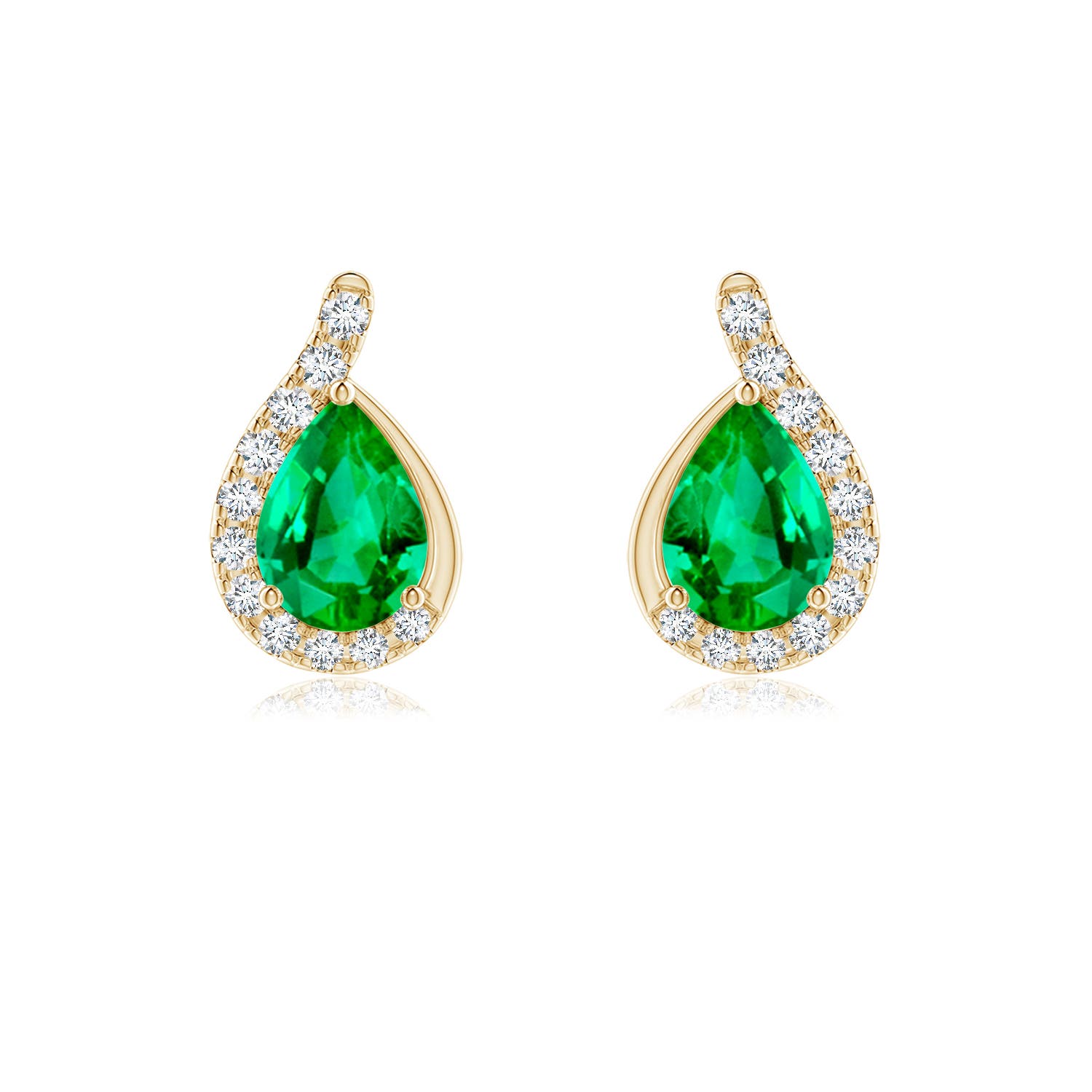 7x5mm AAA Pear Emerald Earrings with Diamond Swirl Frame in Yellow Gold