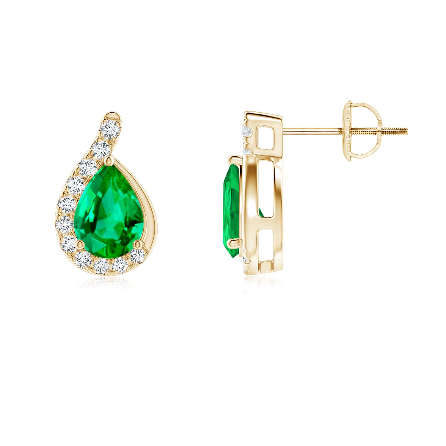 7x5mm AAA Pear Emerald Earrings with Diamond Swirl Frame in Yellow Gold