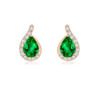 7x5mm AAAA Pear Emerald Earrings with Diamond Swirl Frame in 9K Rose Gold