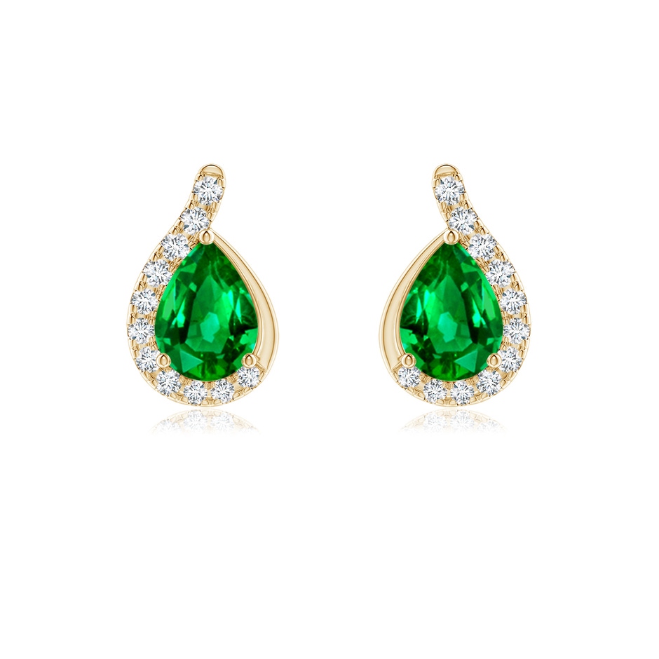 7x5mm AAAA Pear Emerald Earrings with Diamond Swirl Frame in Yellow Gold 