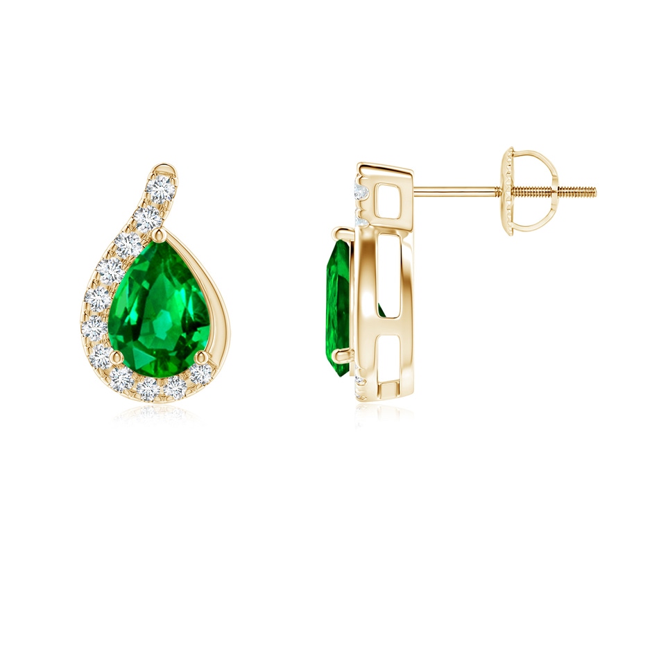 7x5mm AAAA Pear Emerald Earrings with Diamond Swirl Frame in Yellow Gold side 199