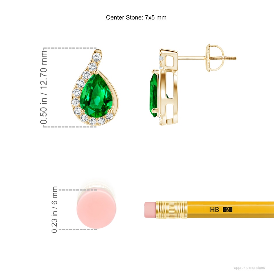 7x5mm AAAA Pear Emerald Earrings with Diamond Swirl Frame in Yellow Gold ruler