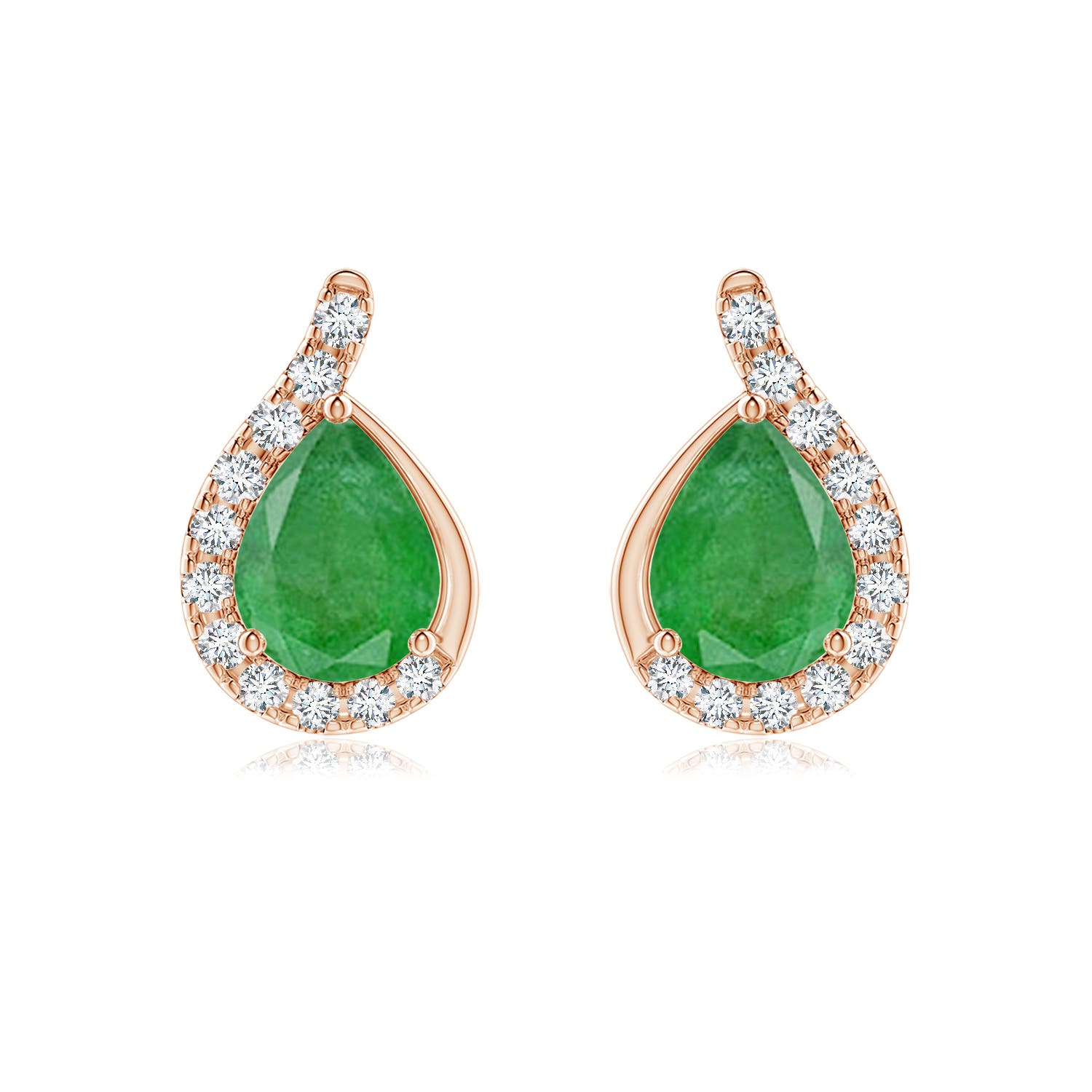 8x6mm A Pear Emerald Earrings with Diamond Swirl Frame in Rose Gold