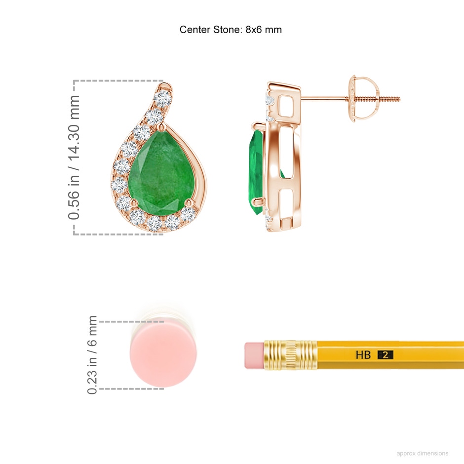 8x6mm A Pear Emerald Earrings with Diamond Swirl Frame in Rose Gold ruler
