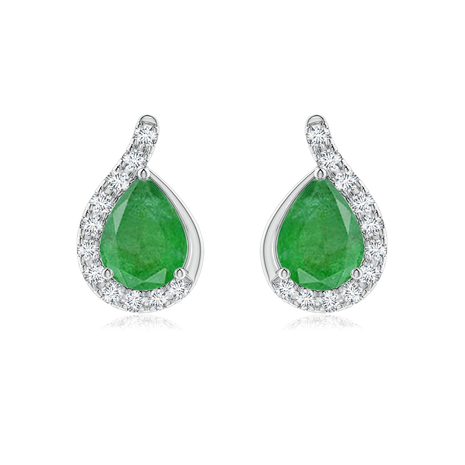 8x6mm A Pear Emerald Earrings with Diamond Swirl Frame in White Gold