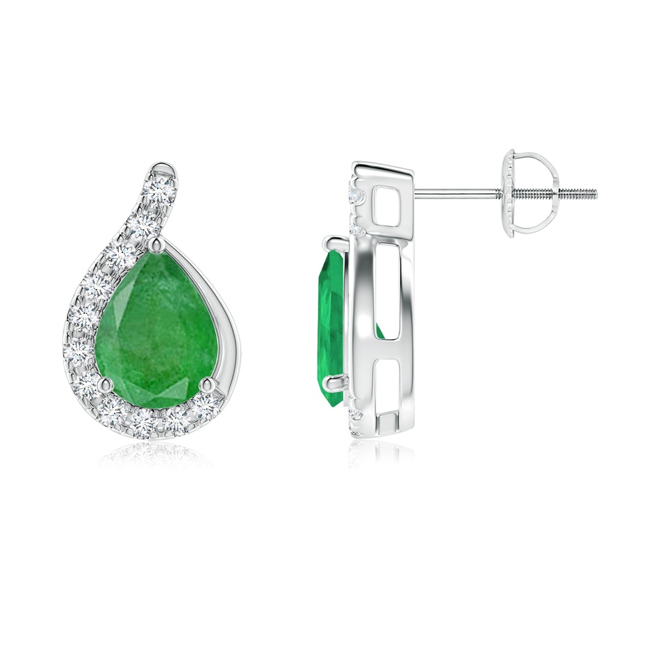 8x6mm A Pear Emerald Earrings with Diamond Swirl Frame in White Gold side 199