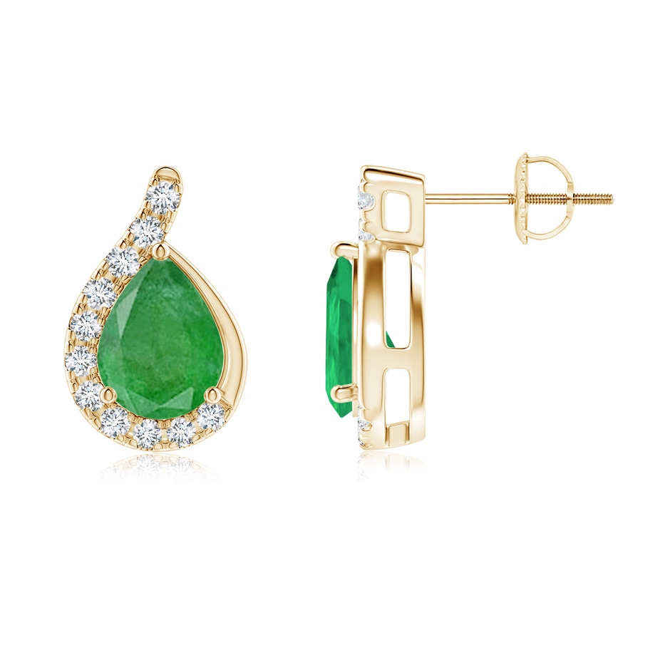 8x6mm A Pear Emerald Earrings with Diamond Swirl Frame in Yellow Gold side 199
