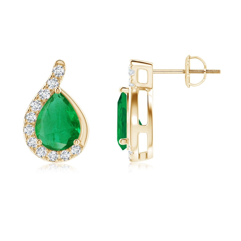 8x6mm AA Pear Emerald Earrings with Diamond Swirl Frame in Yellow Gold side 199